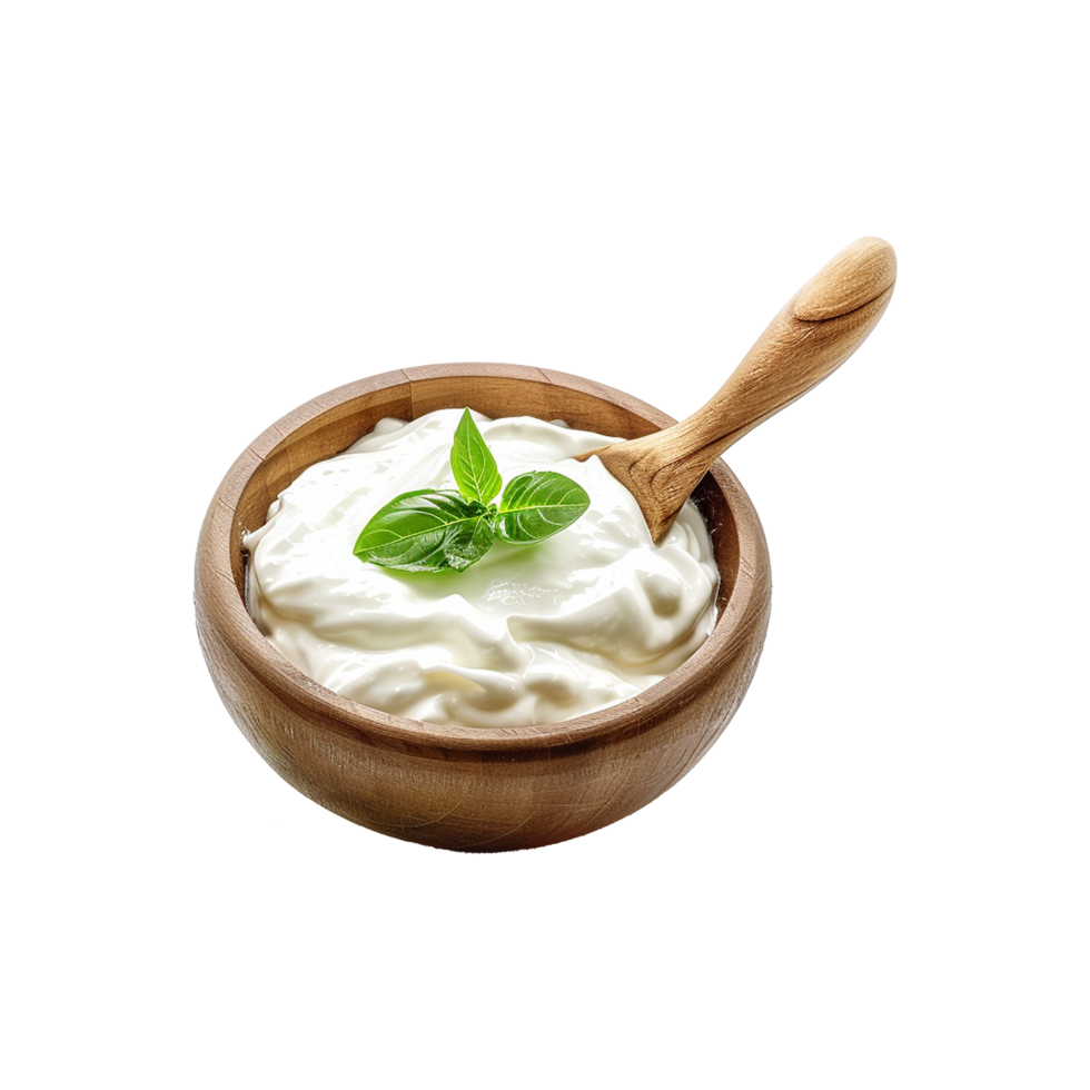 Fresh Creamy Yogurt in Wooden Bowl with Basil Garnish A Delicious and Healthy Dairy Product png