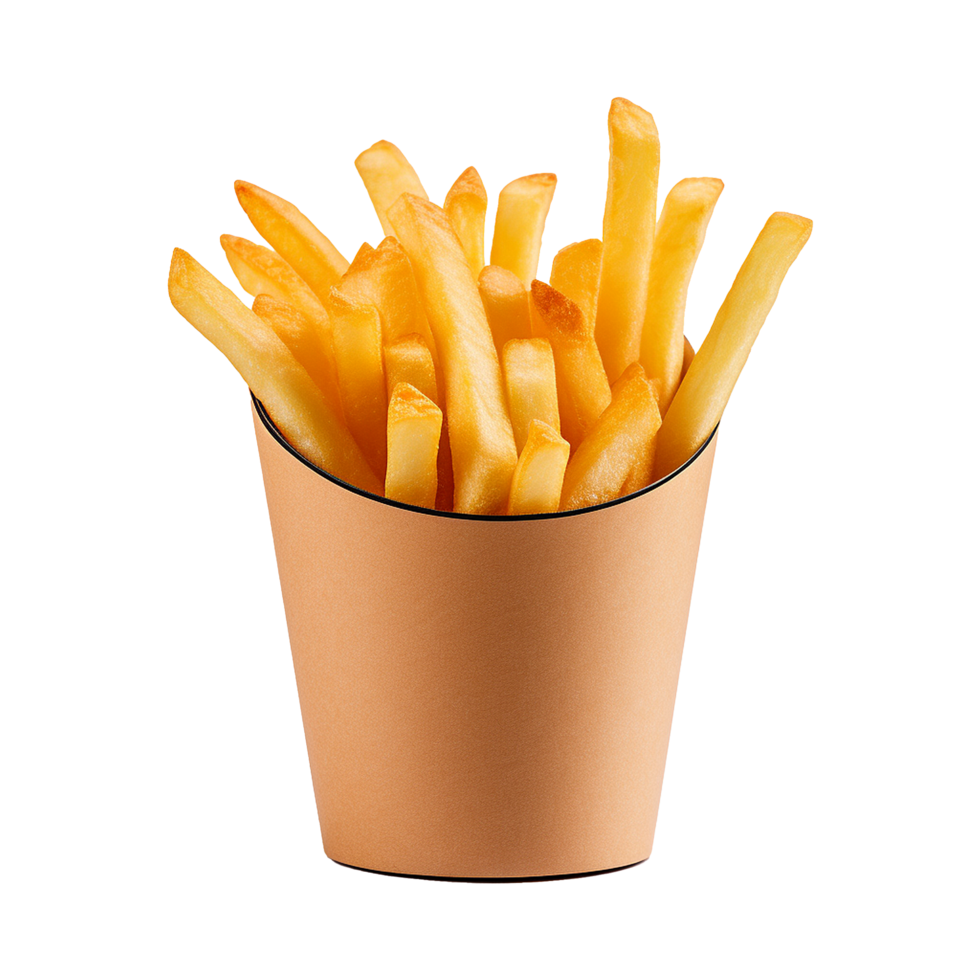 A delicious serving of golden french fries in a light brown paper container png