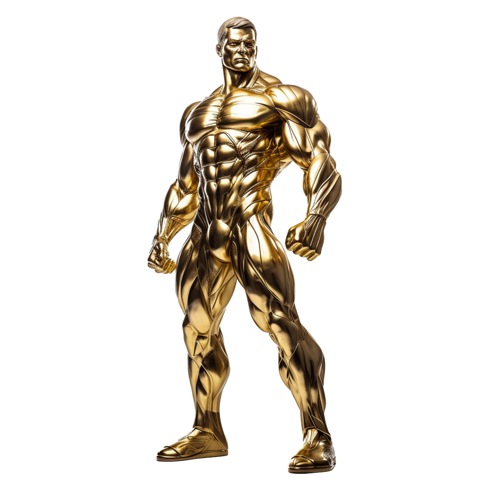 A Majestic Golden Statue of a Powerful Muscular Man Displaying Exceptional Physique and Strength png