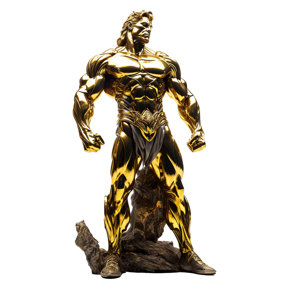 Magnificent Golden Statue of a Muscular Man Standing on a Rock Base Awe Inspiring Figure of Strength and Power png
