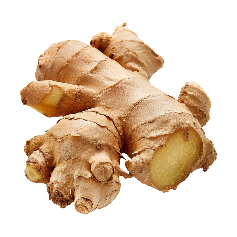 A Detailed Closeup of Fresh Ginger Root Showing its Complex Texture and Pale Yellow Interior png