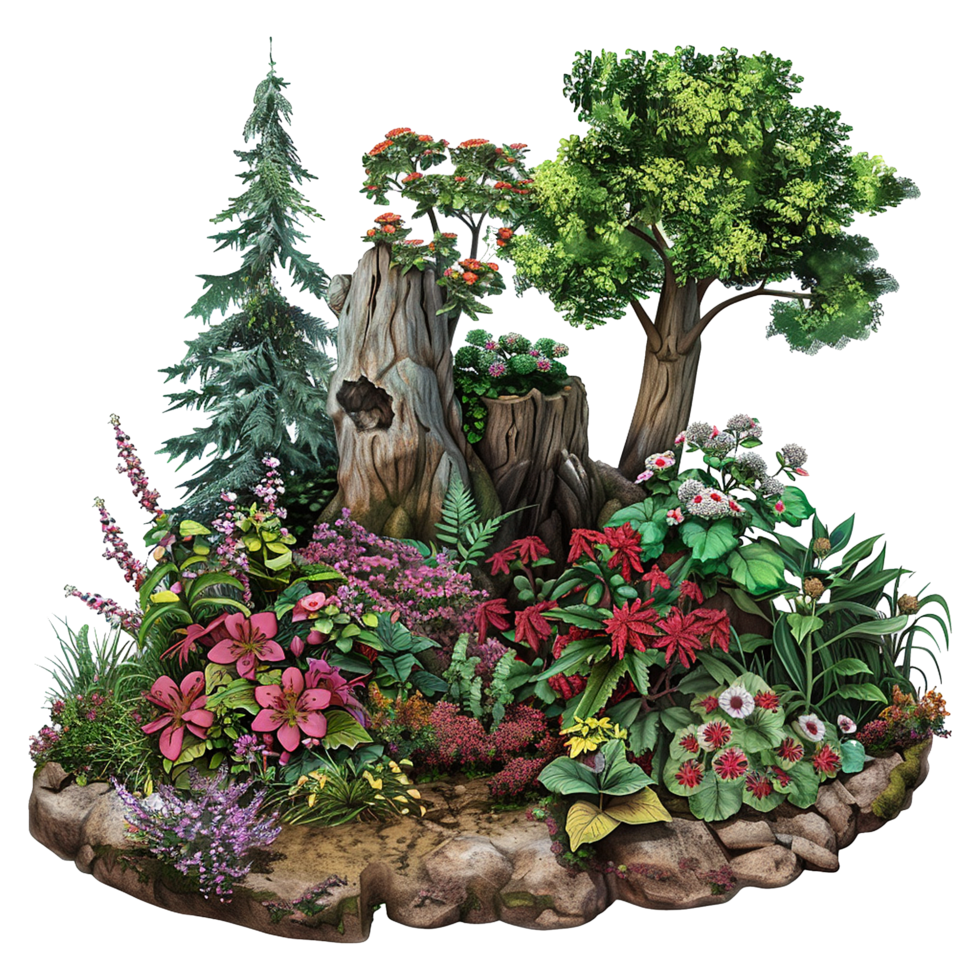 Lush Garden Scene with Trees Flowers and Rocks in a Vibrant Artistic Display png