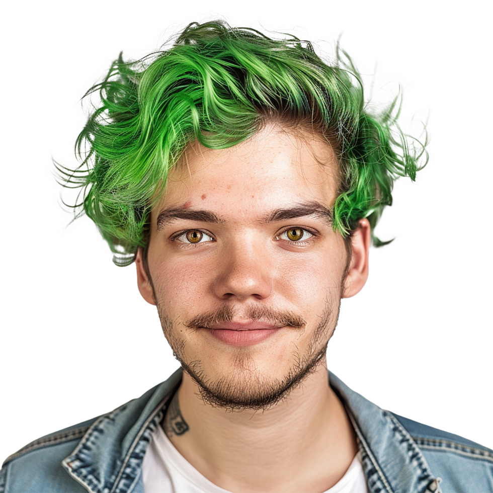Portrait of a young man with vibrant green hair and a goatee png