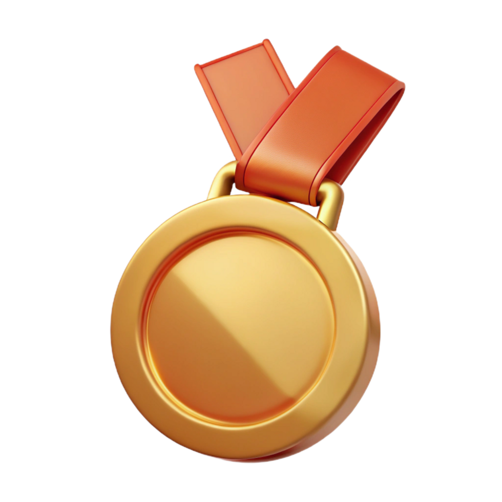 3D Render of a Shiny Golden Medal with Orange Ribbon Award Achievement Success png