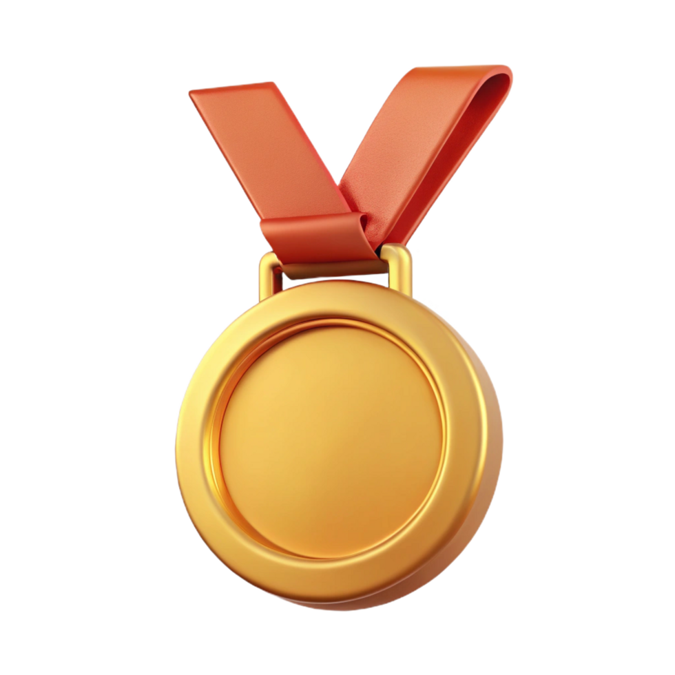 A 3D Render of a Shiny Golden Medal with a Red Ribbon Award Achievement Success Victory Prize png