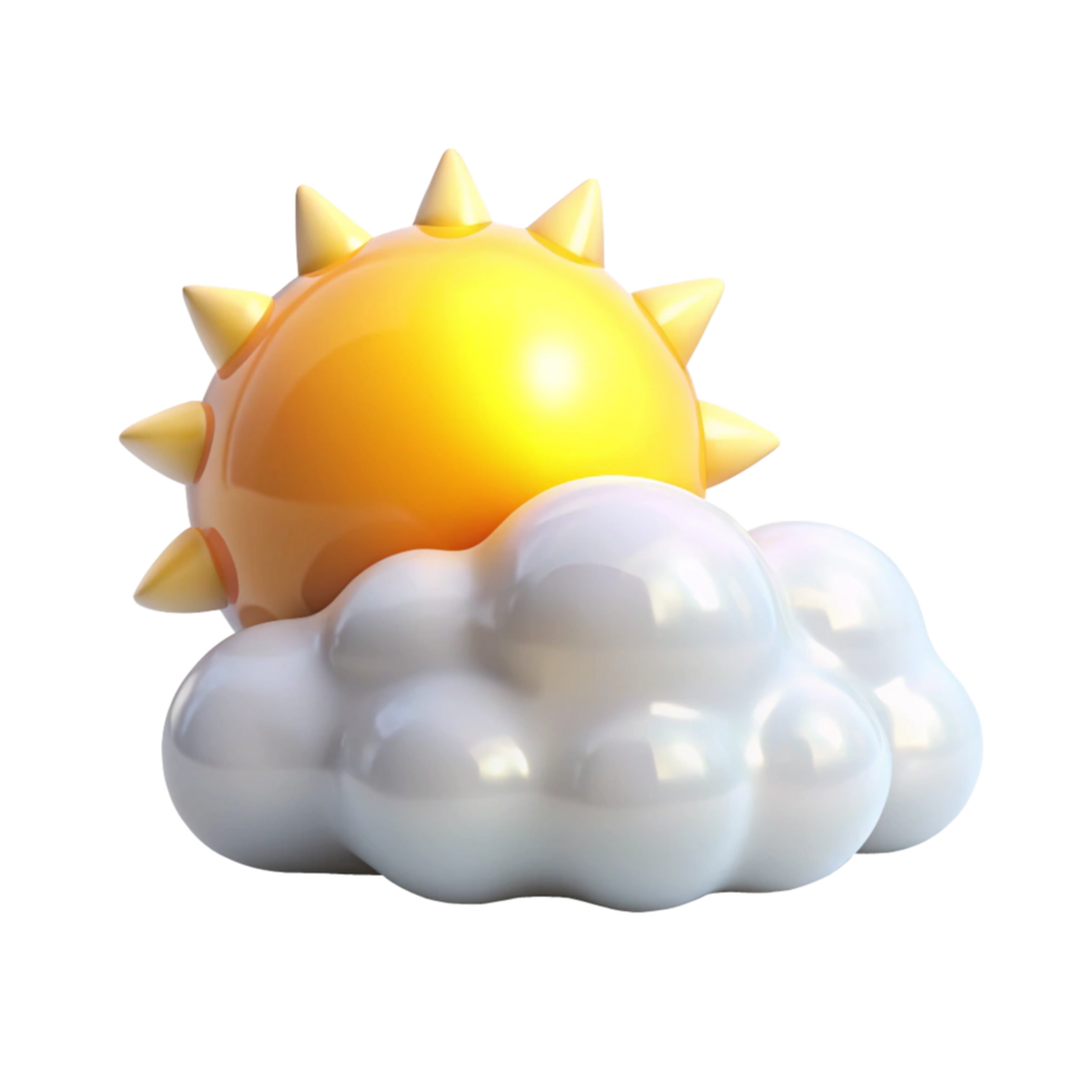 A 3D Render of a Cartoon Sun Partially Hidden Behind a Puffy White Cloud png