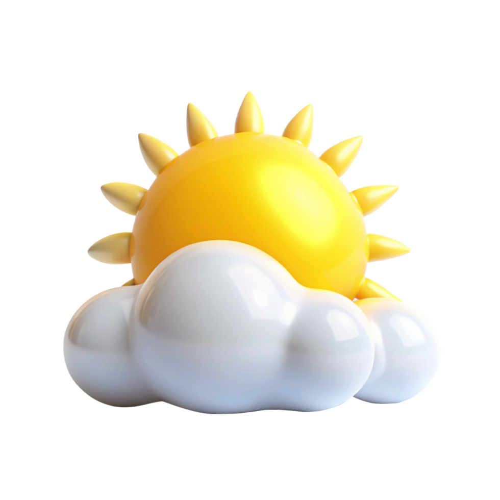 3D Render of a Cute Cartoon Sun Behind a Fluffy Cloud A Bright Yellow Sun with Spiky Rays Over a Soft White Cloud on a Black Background png