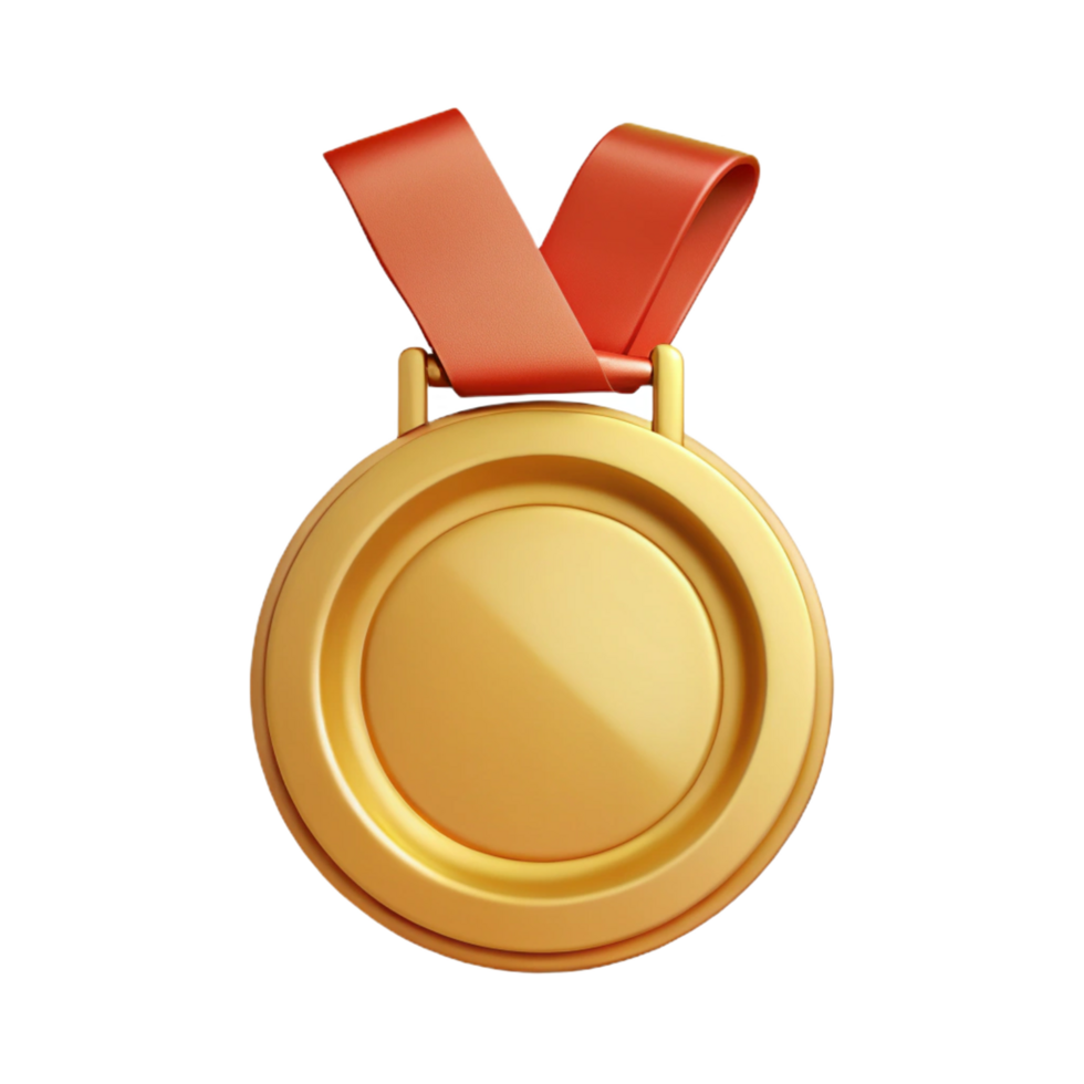 A 3D Render of a Gold Medal with a Red Ribbon Achievement Award Prize Victory Success png