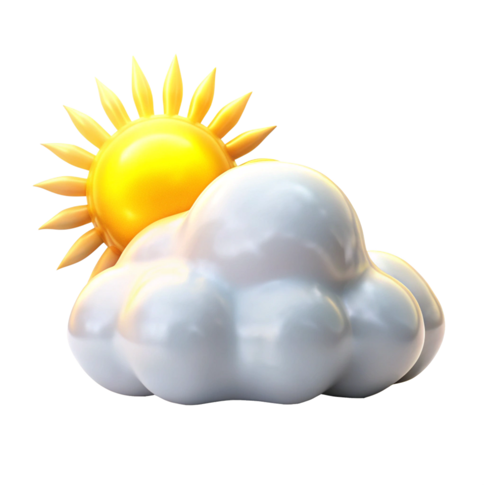 Partly Cloudy Sunny Day Weather Icon 3D Render Bright Yellow Sun White Puffy Clouds Graphic Design Element png