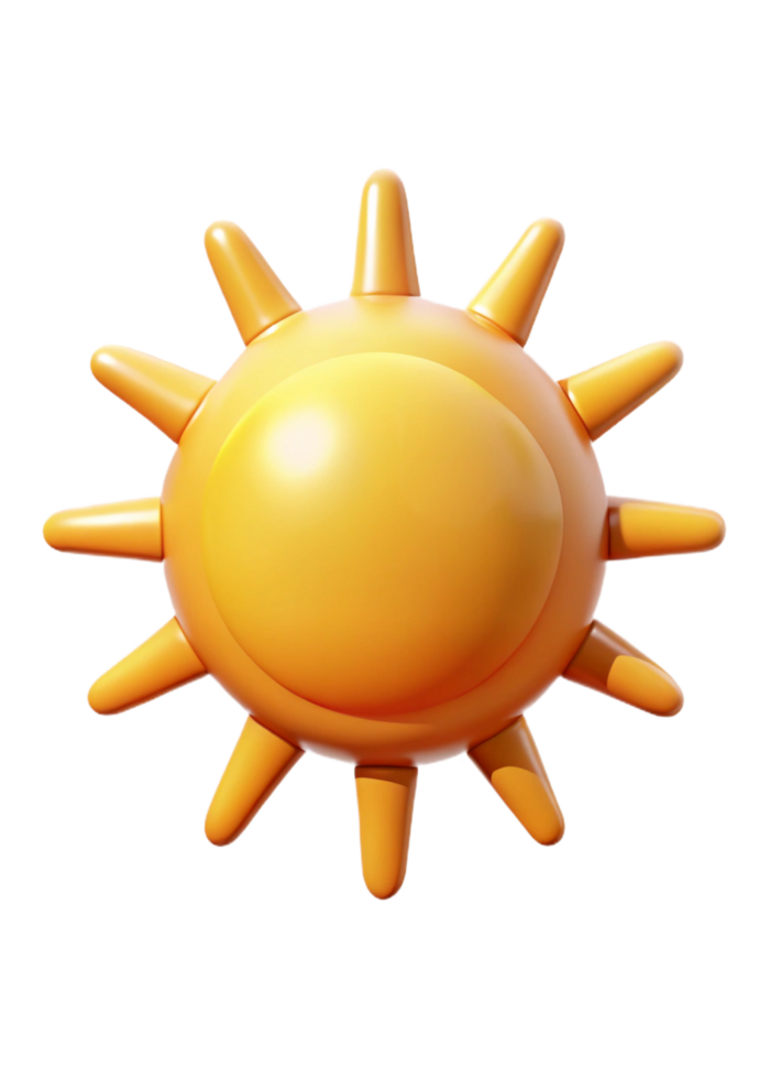 A bright and cheerful 3D rendered cartoon sun illustration with a glossy orange finish and ten pointed rays png