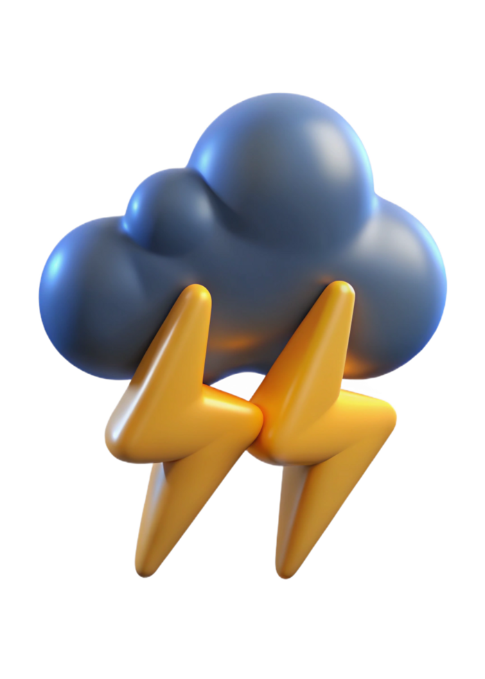 3D Render of a Cartoonish Storm Cloud with Two Yellow Lightning Bolts png
