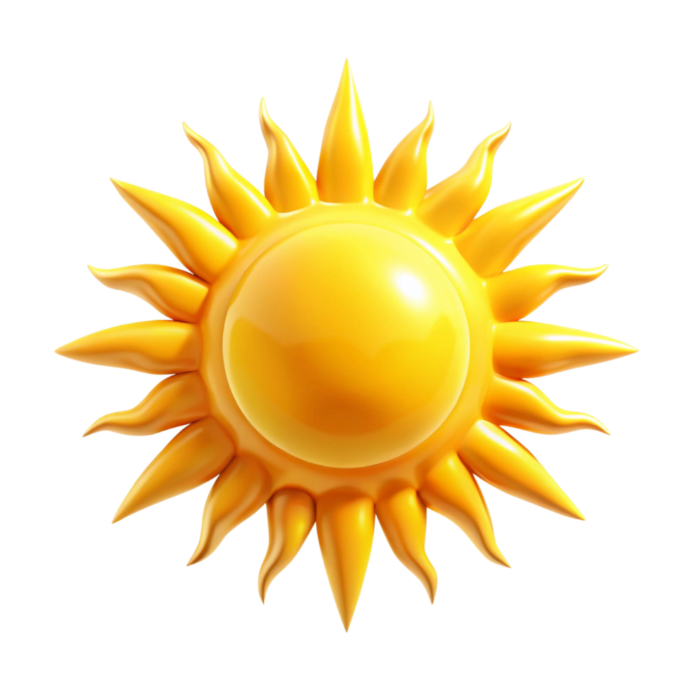 A vibrant 3D rendering of a sun with a glossy yellow finish and pointed rays radiating outwards against a black background png