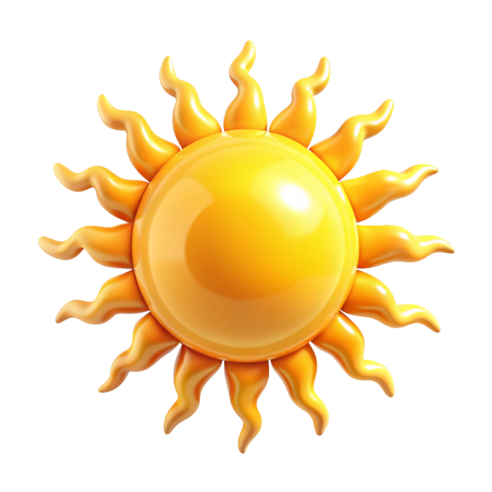 A vibrant 3D rendering of a cartoon sun with wavy rays bright yellow summer icon png