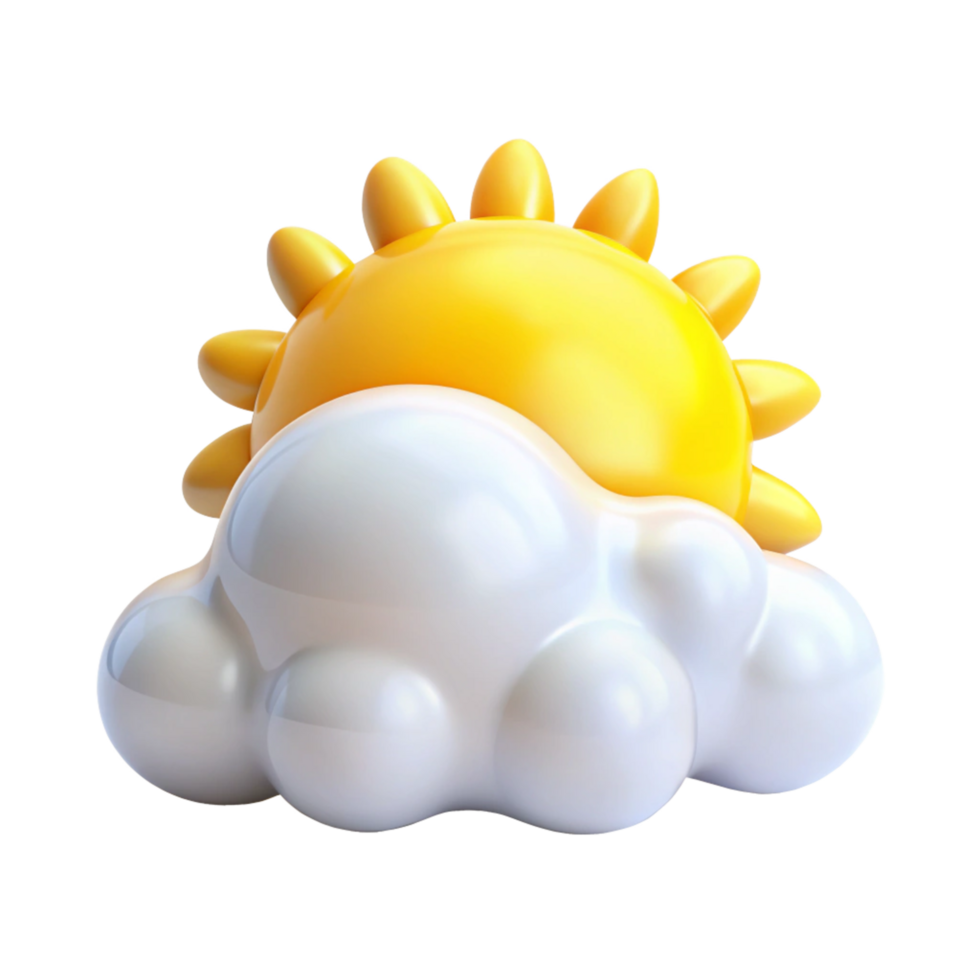 3D Render of a Cute Cartoon Sun Partly Hidden Behind a Fluffy Cloud Weather Icon Illustration png