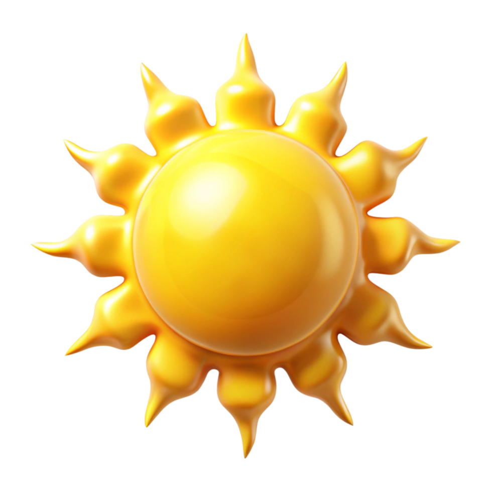A vibrant 3D rendering of a cartoon sun with a glossy golden texture and pointed rays png