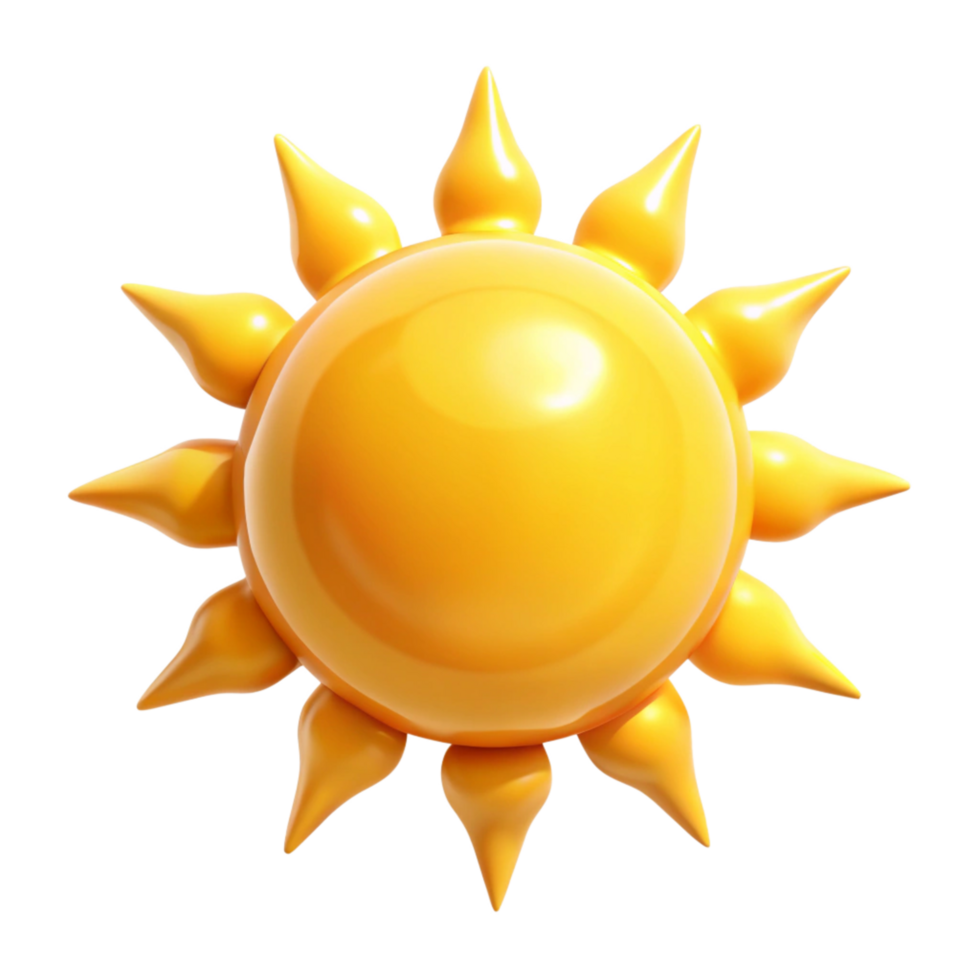 A bright yellow cartoon sun with pointed rays shining brightly on a black background a cheerful summer icon png