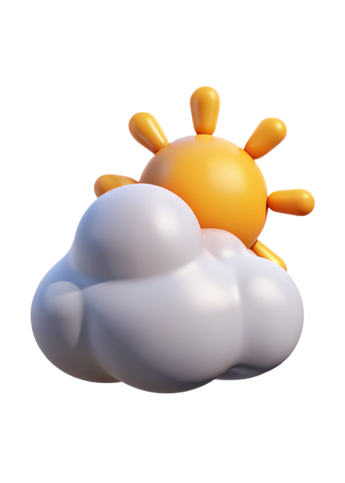 A 3D Render of a Cute Cartoon Sun Hiding Behind a Fluffy Cloud png