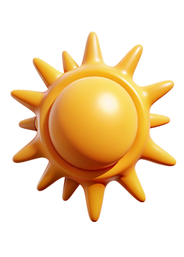 A 3D Render of a Cute Cartoon Sun with Spiky Rays and a Shiny Orange Color png