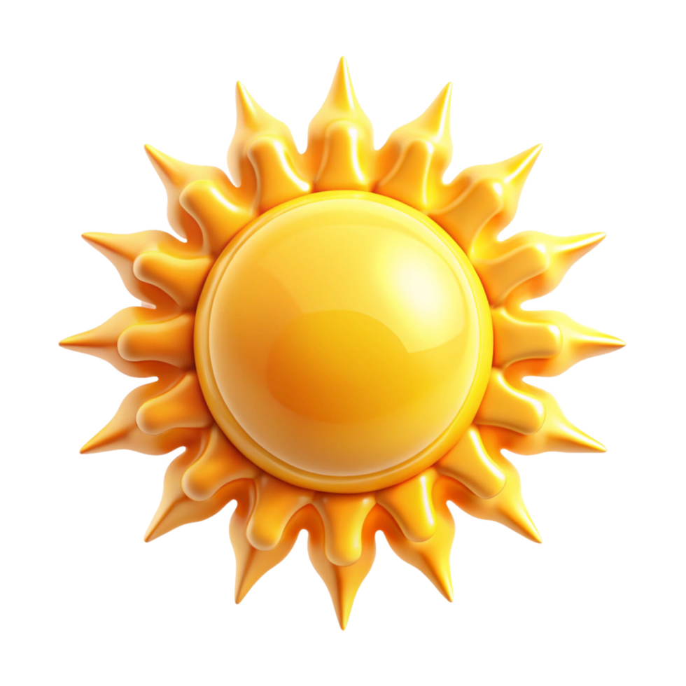 A vibrant 3D rendering of a sun with a glossy yellow finish and pointed rays png