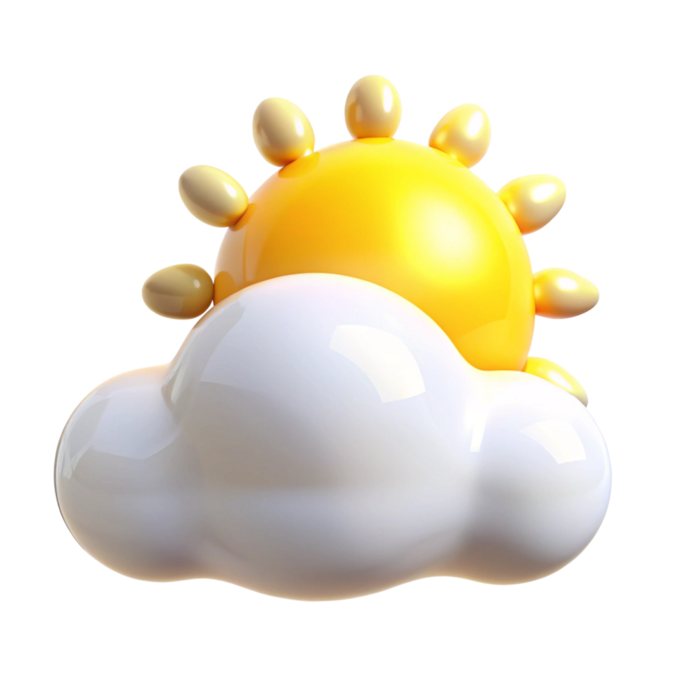 A 3D rendering of a sun peeking behind a fluffy cloud weather icon illustration graphic design png