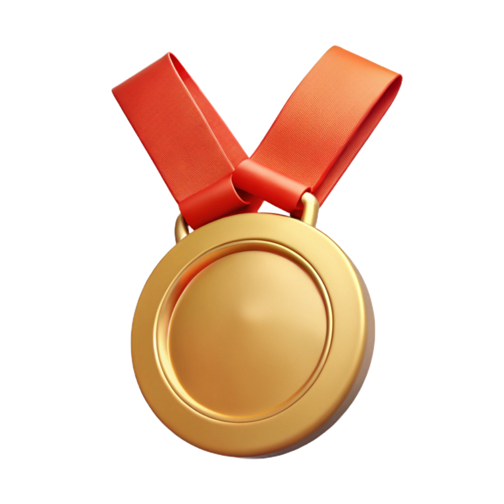 A 3D Render of a Gold Medal with a Red Ribbon Achievement Award Winner Prize png