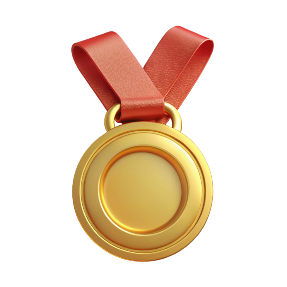 A 3D Render of a Gold Medal with a Red Ribbon Achievement Award First Place Winner Success Champion png