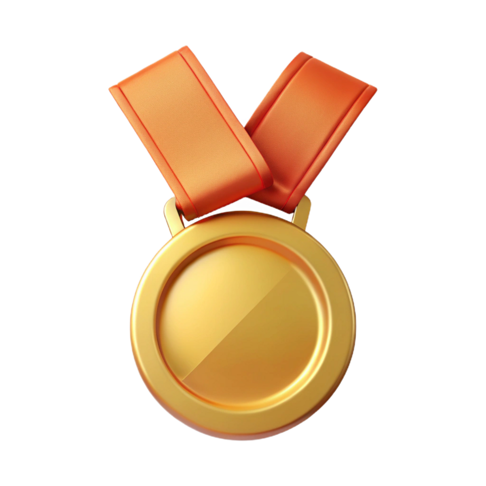 A 3D Render of a Gold Medal with an Orange Ribbon Award Achievement Success png