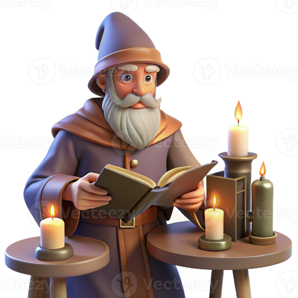 serene classic A Wise Old Wizard Reading a Spellbook in H original png
