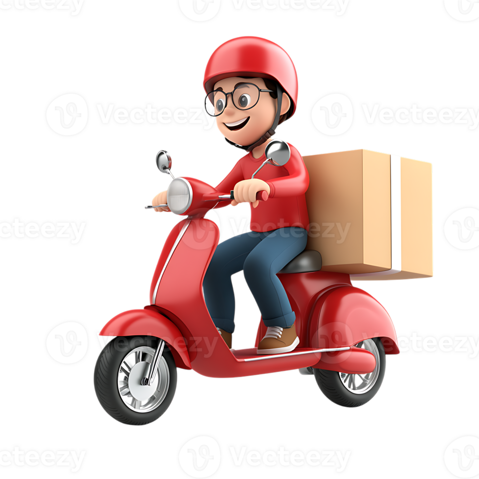 A cartoon man on a scooter with a box on his back png