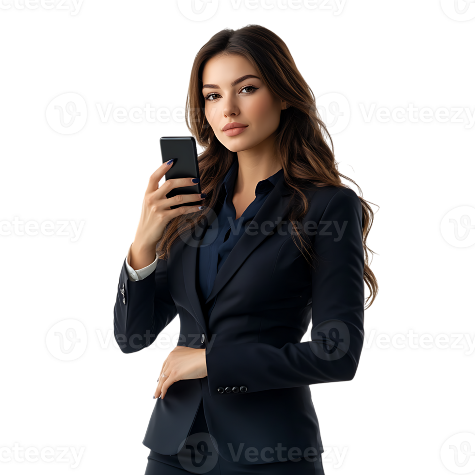 Business woman in suit holding phone and looking at camera png