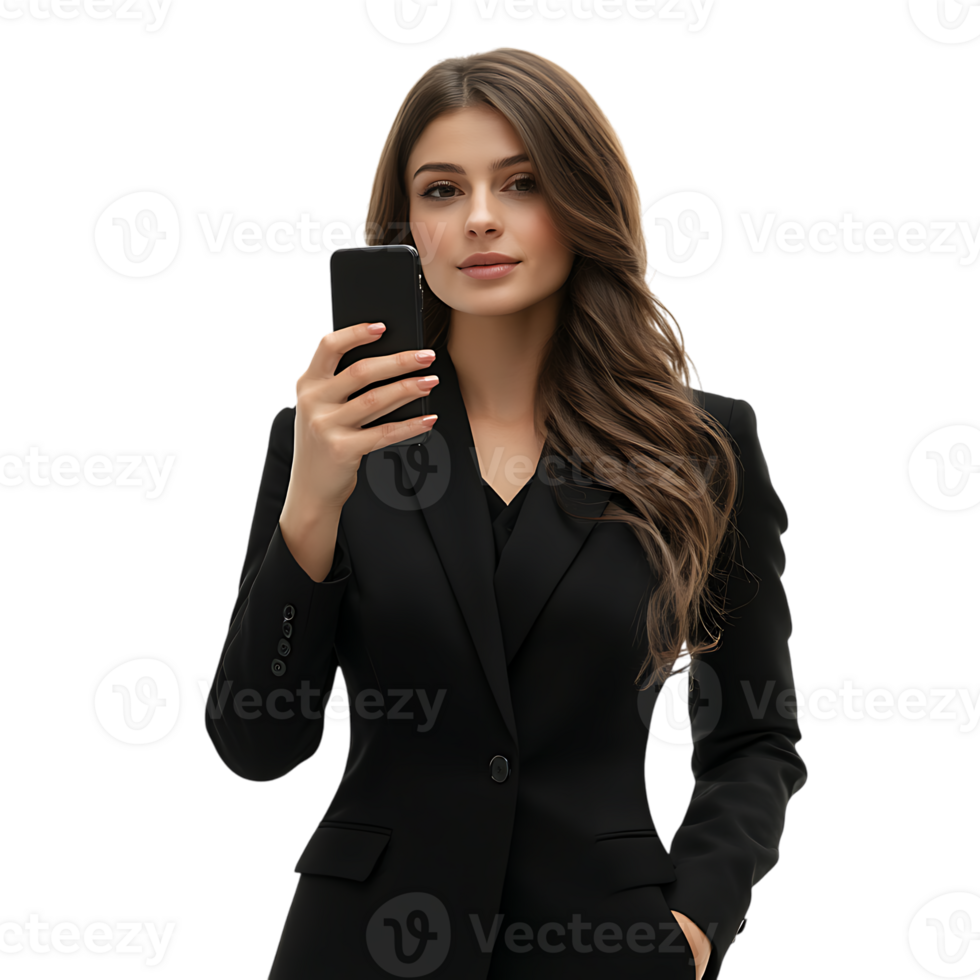 A woman in a black suit holding a cell phone png