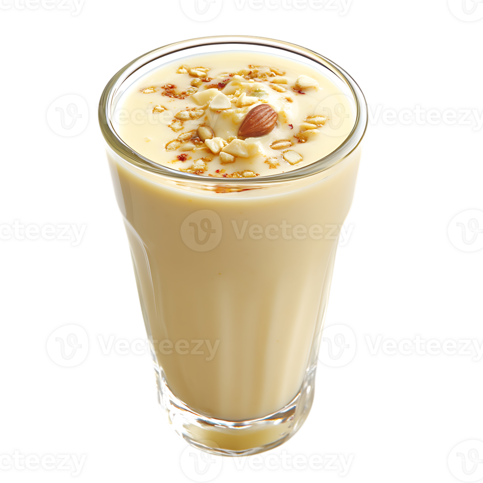 A glass of milk with nuts and almonds on top png