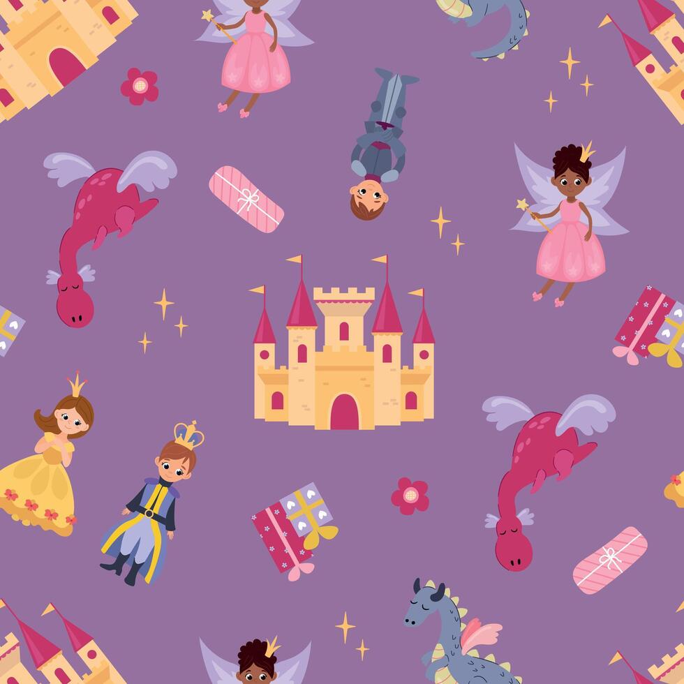 Princesses. Seamless pattern with princesses, castle, fairy, dragon vector