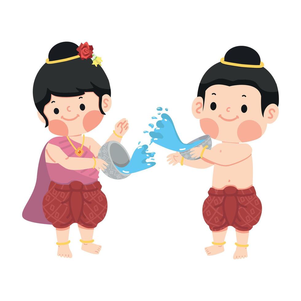 boy and girl joyfully splashing water during Songkran festival vector