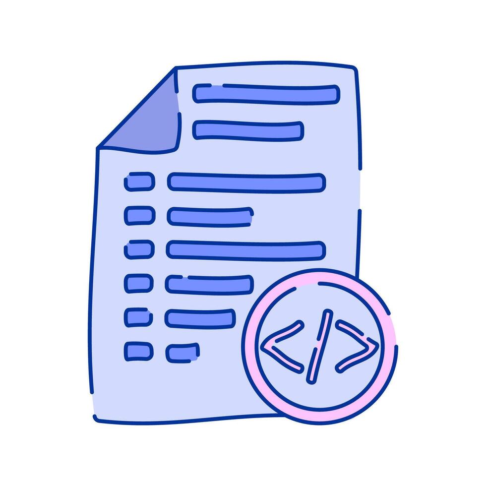 Document with Code Doodle style, a paper featuring a coding symbol, representing programming and software development, perfect for tech, IT, and digital workflow graphics. vector