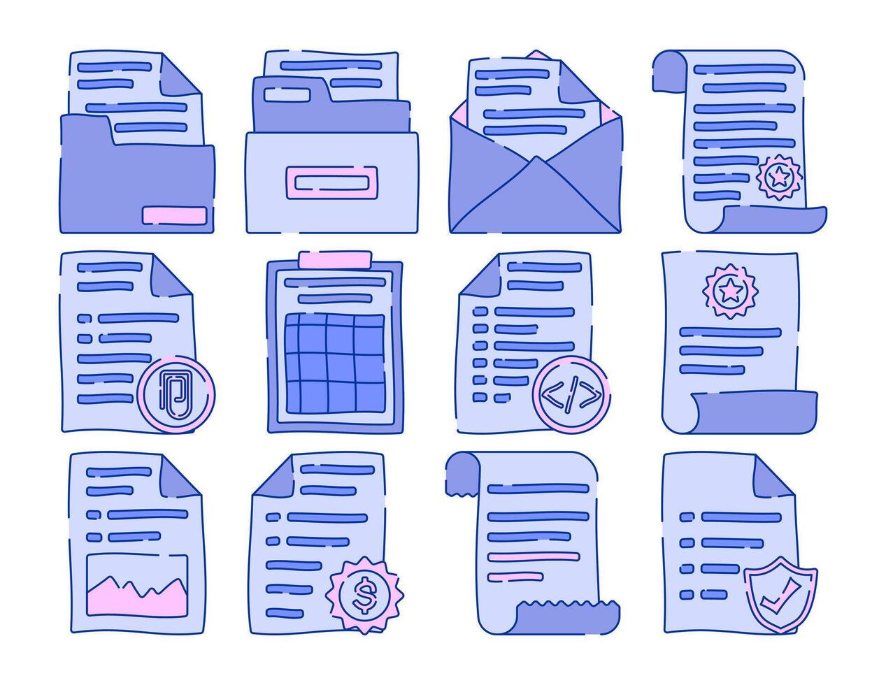 Document Icons Doodle style, hand-drawn blue and pink document icons, representing files, emails, reports, and certificates, perfect for office graphics, business templates, and digital content. vector