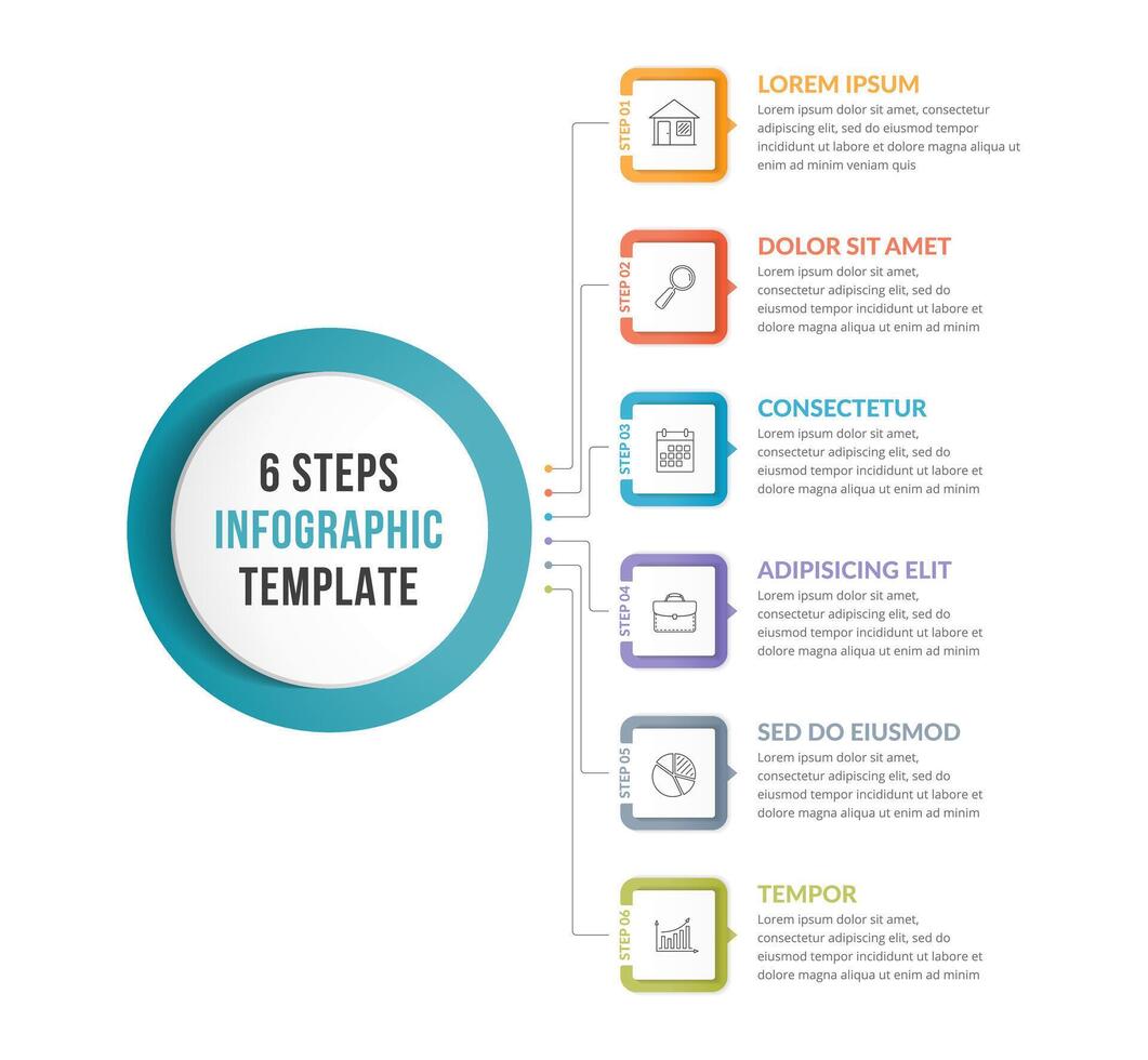 Infographic template with main idea and 6 steps vector