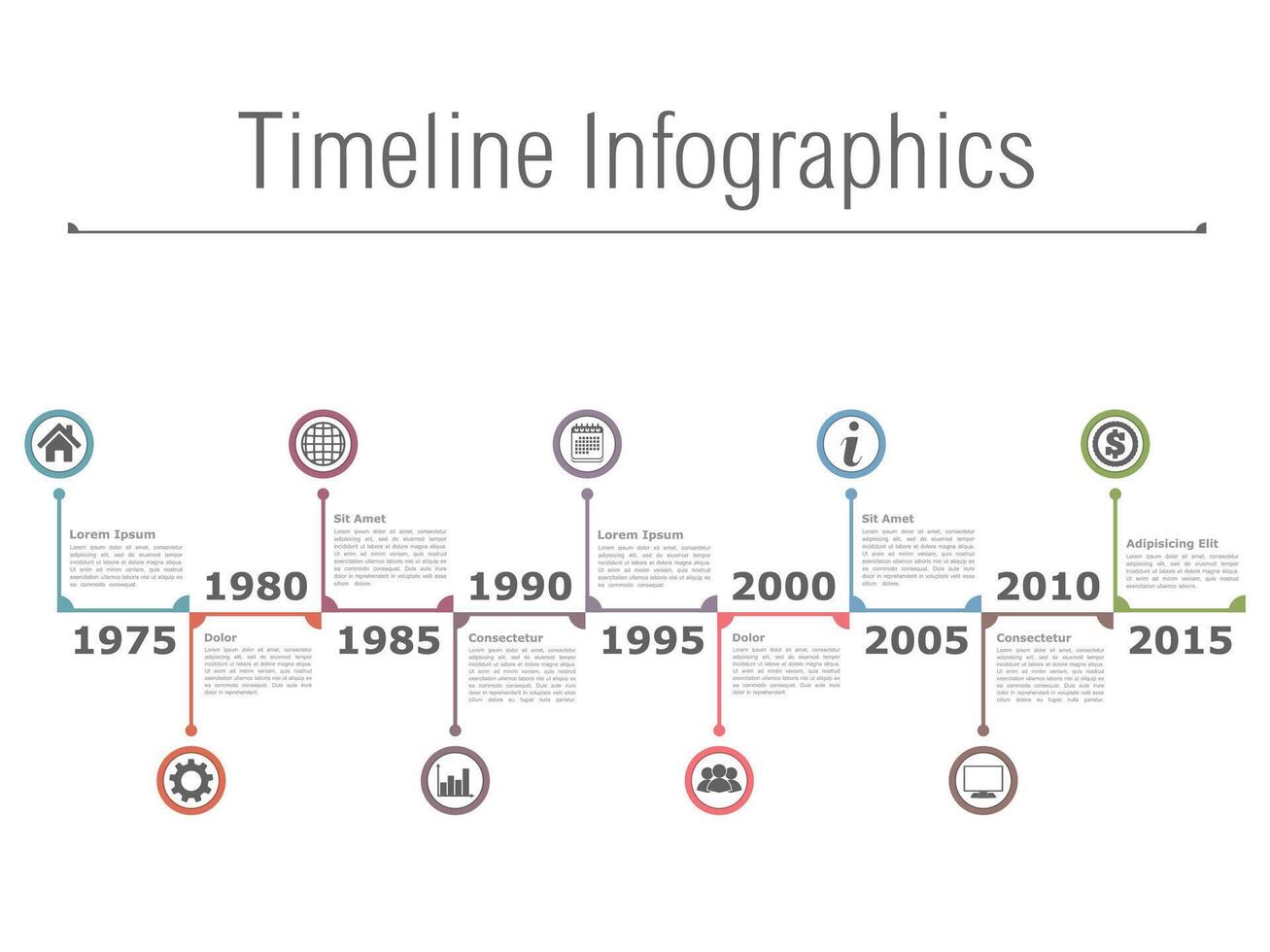 Horizontal timeline infographics with text, dates and icons vector