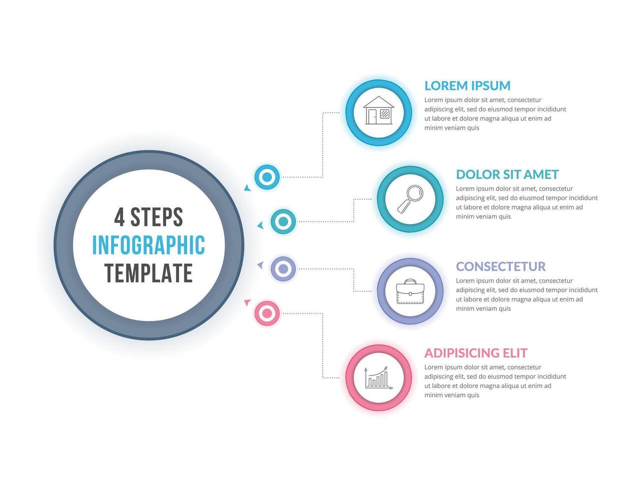 Infographic template with four steps or options with four circles connected with the main circle vector