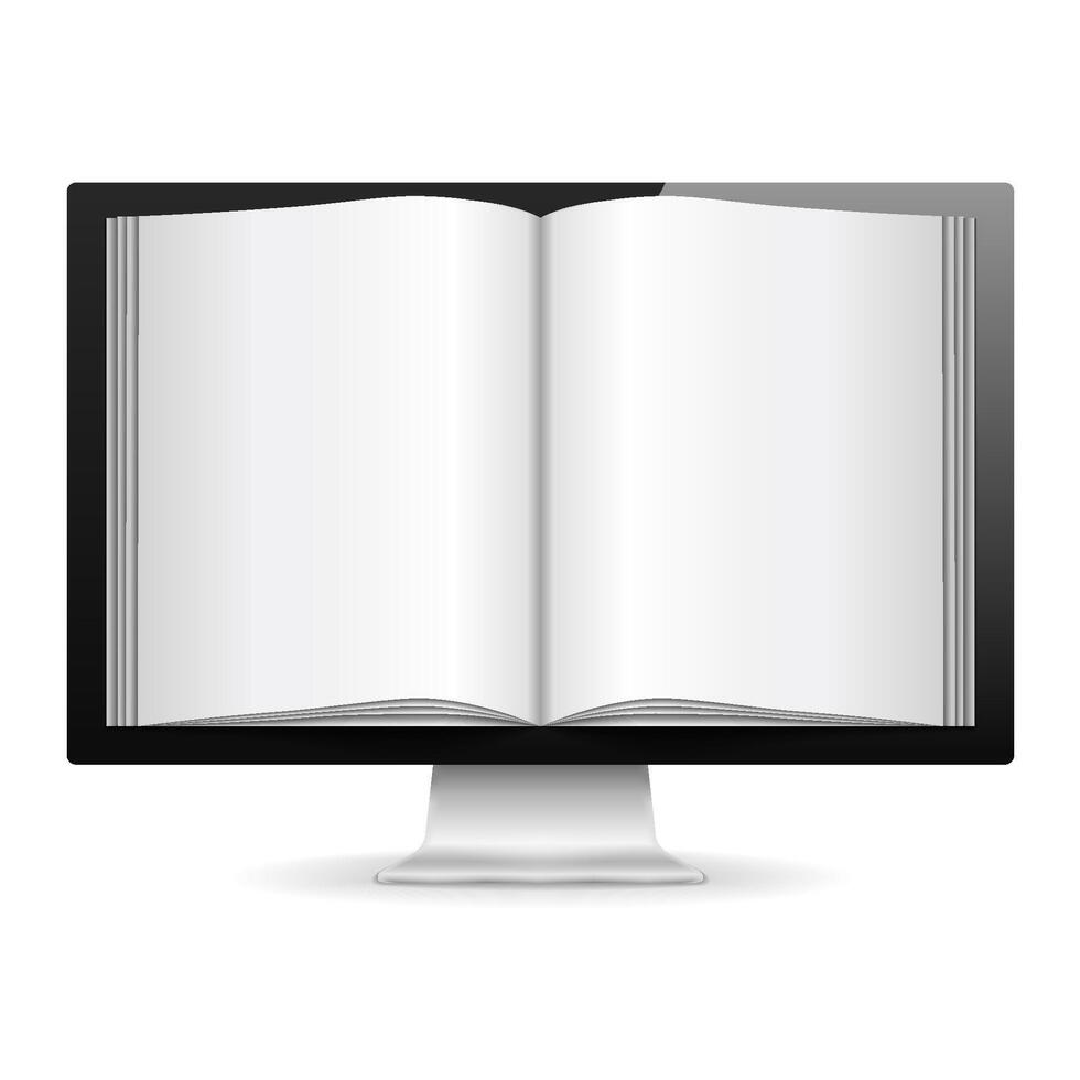 Computer monitor with open book with blank pages, e-book concept vector