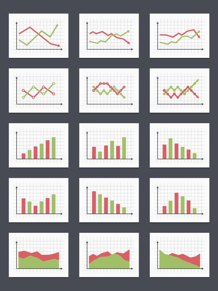 Set of different graphs and charts, green and red colors vector