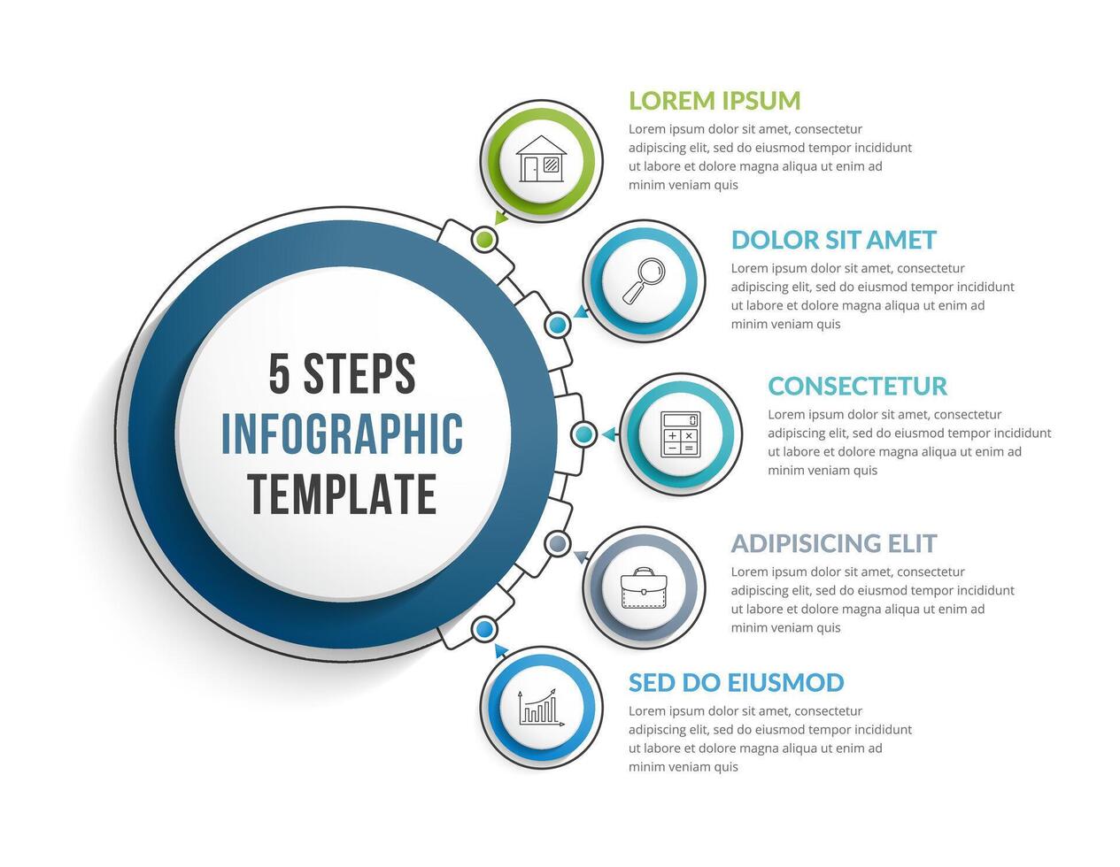 Infographic template with five steps or options with connected circles vector