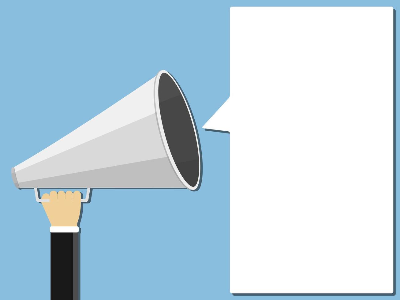 Hand holding megaphone and place for your text shaped as speech bubble, flat design vector