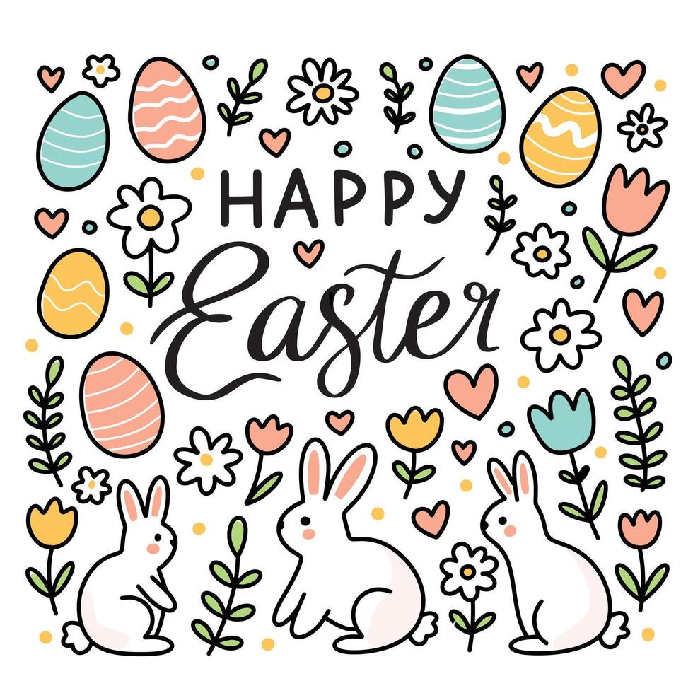 Happy Easter cute greeting card with text lettering and simple doodles of eggs, flowers, bunnies with black outline vector