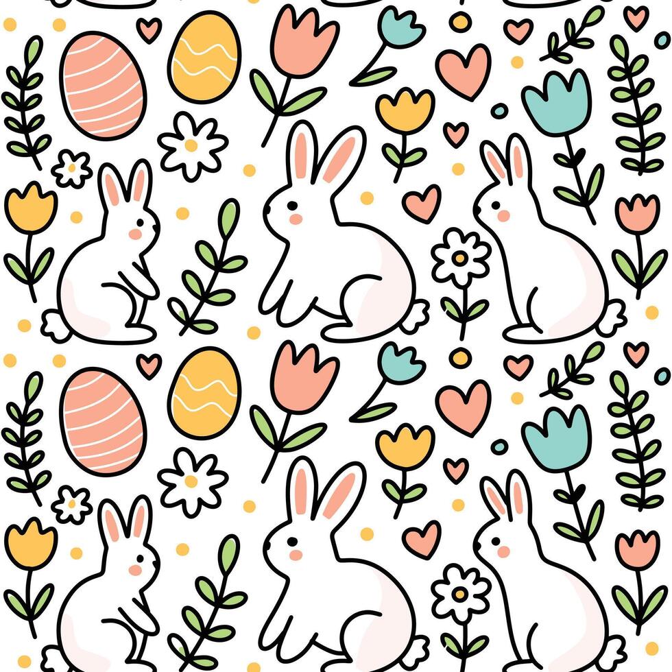 Easter cute seamless pattern background with simple doodles of eggs, flowers, bunnies with black outline over white background vector