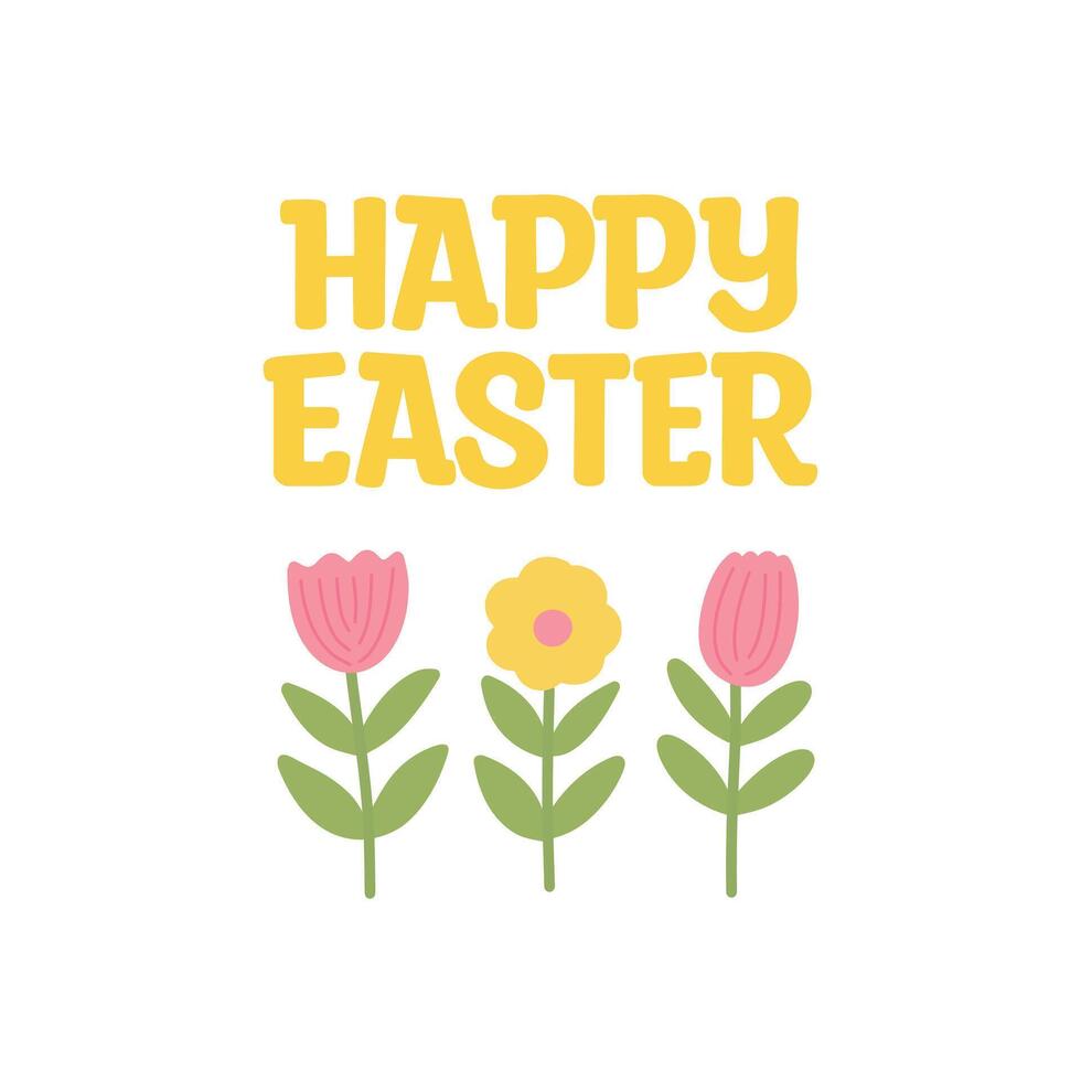 Cute simple minimalist Happy Easter greeting card with three scandi hand drawn flowers vector