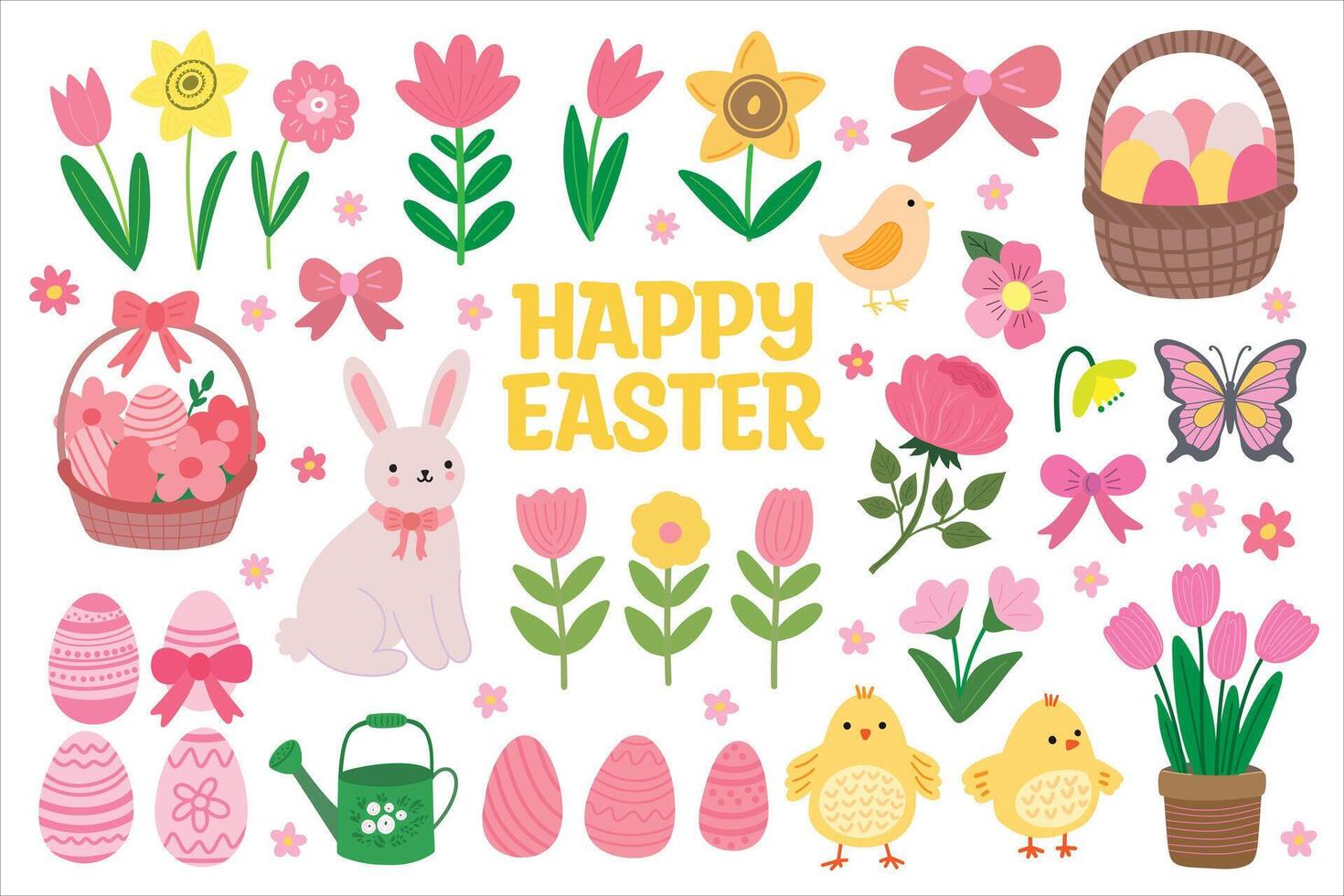 Happy Easter - Large Festive Clipart Set with Rabbit Bunny, Eggs, Baskets, Flowers, Chicks, Bows. Spring Elements Collection vector