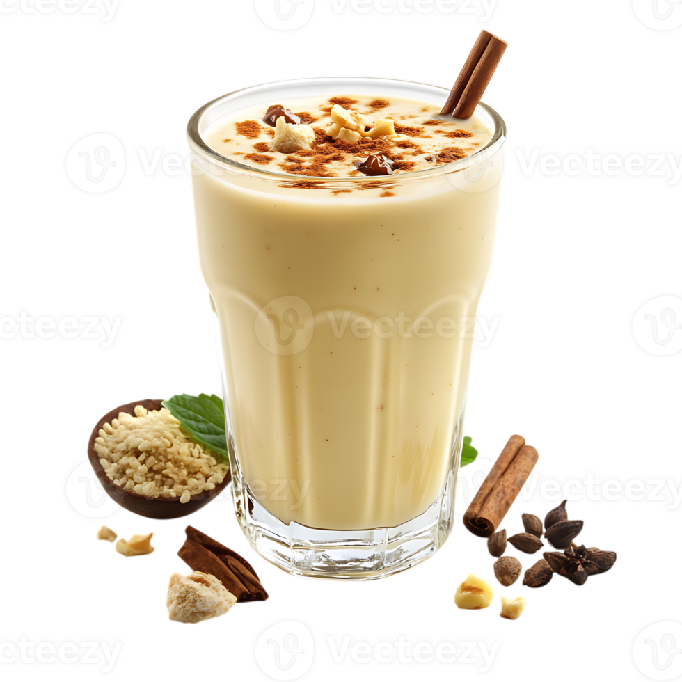 A glass of milk with cinnamon and nuts png