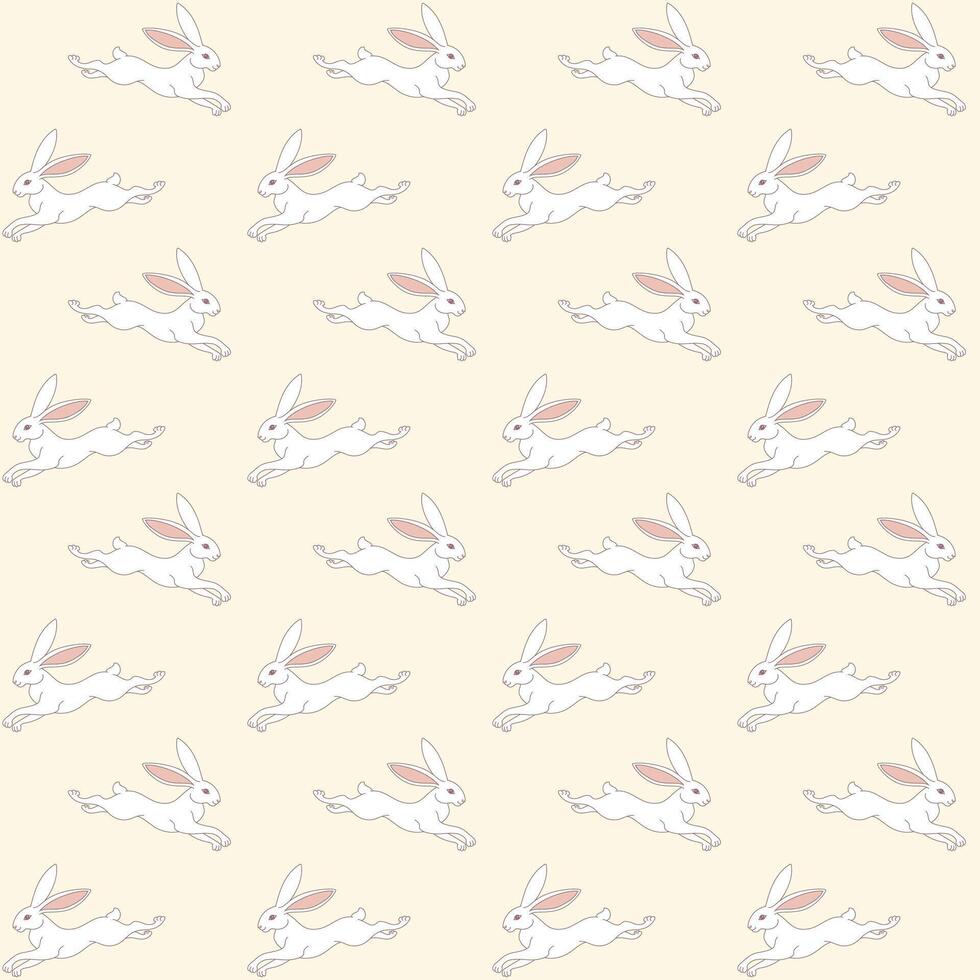 Seamless pattern with jumping white bunny on pastel yellow background. Easter rabbit wallpaper. vector
