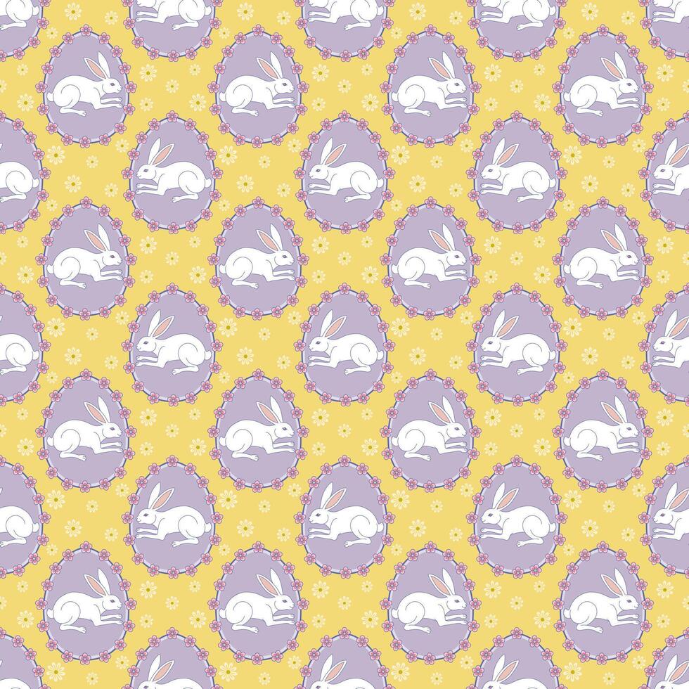 Seamless pattern with white bunny in purple easter egg and flower on yellow background. vector